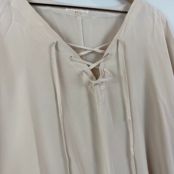Gold Hawk 100% Silk Top Women's Large Beige Cold Shoulder Lace-Up Blouse Neutral - Picture 5 of 9